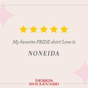 Op de afbeelding: Een klantbeoordelingsafbeelding op een lichtroze achtergrond met vijf gele sterren, de tekst My favorite PRIDE shirt! Love it., de naam NONEIDA en de tekst DESIGN BOULEVARD onderaan, geaccentueerd door vier lichtroze stervormen.