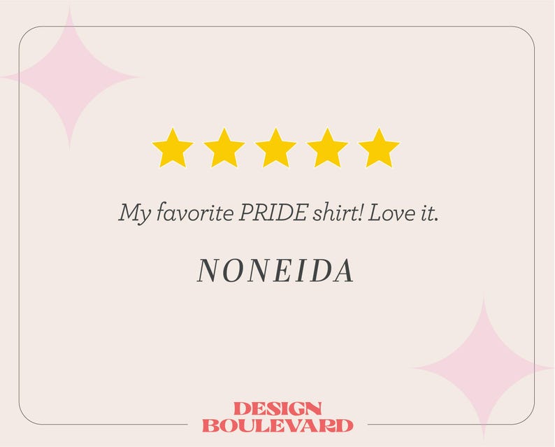 Op de afbeelding: Een klantbeoordelingsafbeelding op een lichtroze achtergrond met vijf gele sterren, de tekst My favorite PRIDE shirt! Love it., de naam NONEIDA en de tekst DESIGN BOULEVARD onderaan, geaccentueerd door vier lichtroze stervormen.