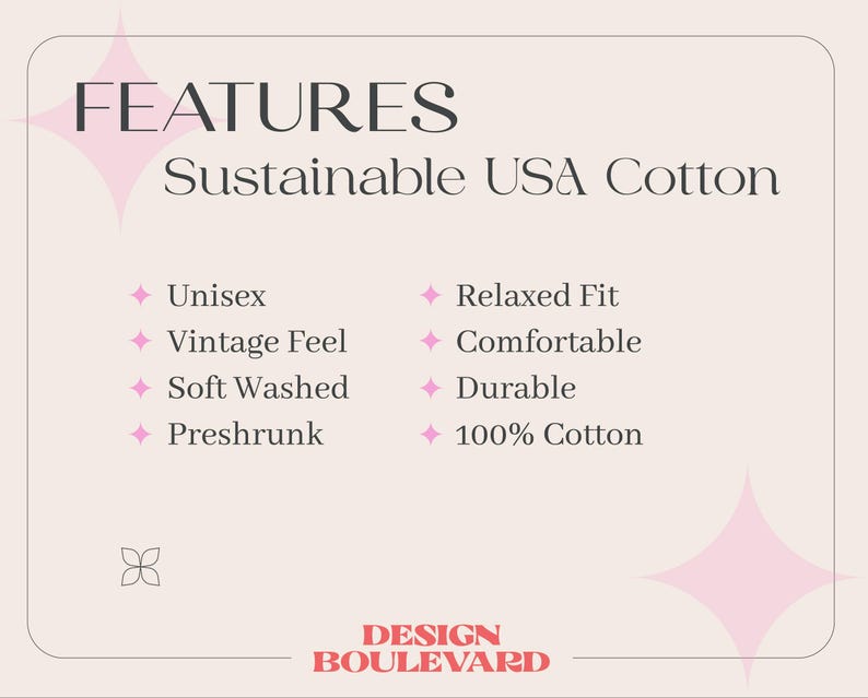 May include: A beige graphic with the word "FEATURES" at the top, followed by "Sustainable USA Cotton." Below are the words "Unisex," "Vintage Feel," "Soft Washed," and "Preshrunk." On the right are "Relaxed Fit," "Comfortable," "Durable," and "100% Cotton."