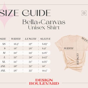 May include: A beige Bella+Canvas unisex shirt with a size guide. The guide shows measurements for width, length, and sleeve length in inches for sizes XS to 3XL. The text "DESIGN BOULEVARD" is at the bottom.