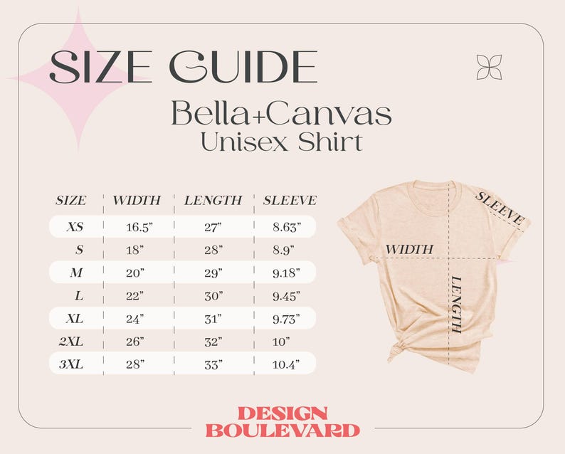 May include: A beige Bella+Canvas unisex shirt with a size guide. The guide shows measurements for width, length, and sleeve length in inches for sizes XS to 3XL. The text "DESIGN BOULEVARD" is at the bottom.