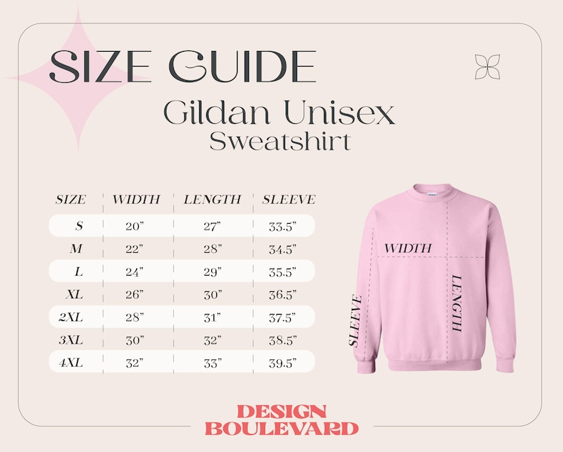 Pode incluir: Tabela de tamanhos para uma camisola unissex Gildan. A tabela mostra a largura, o comprimento e o comprimento da manga em polegadas para os tamanhos S a 4XL.