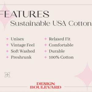 May include: A beige graphic with the word "FEATURES" at the top, followed by "Sustainable USA Cotton." Below are bullet points listing features such as "Unisex," "Vintage Feel," and "100% Cotton." The bottom right corner reads "DESIGN BOULEVARD."