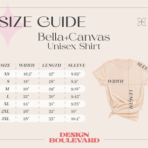 Op de afbeelding: Een maattabel voor Bella+Canvas unisex t-shirts op een beige achtergrond met een tabel die breedtes, lengtes en mouwmaten in inches van XS tot 3XL weergeeft. De afbeelding bevat een diagram van een t-shirt met labels voor width, length en sleeve.