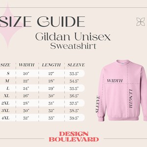 May include: Size chart for a Gildan unisex sweatshirt. The chart shows the width, length, and sleeve length in inches for sizes S through 4XL.