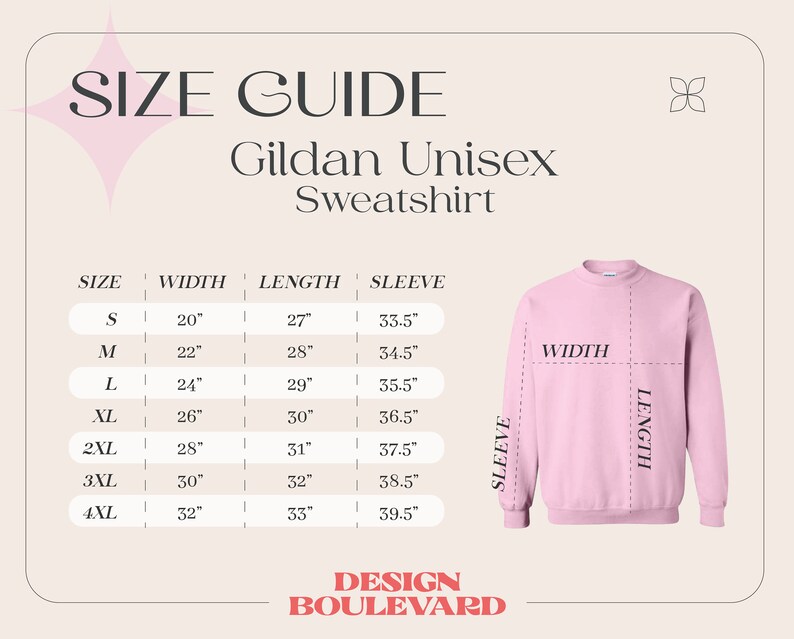 May include: Size chart for a Gildan unisex sweatshirt. The chart shows the width, length, and sleeve length in inches for sizes S through 4XL.