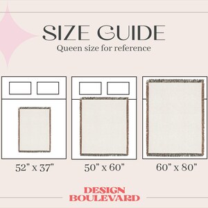 Op de afbeelding: Een maattabel met drie rechthoekige dekens met franjes op een queen-size bed. De tekst bevat SIZE GUIDE, Queen size for reference, 52" x 37", 50" x 60", 60" x 80" en DESIGN BOULEVARD onderaan de afbeelding op een lichte achtergrond.