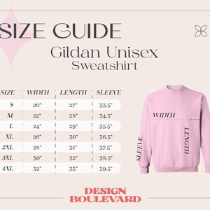 May include: A light pink Gildan Unisex sweatshirt with a size guide. The size chart shows measurements for width, length, and sleeve length in inches for sizes S through 4XL. The text "DESIGN BOULEVARD" is at the bottom.