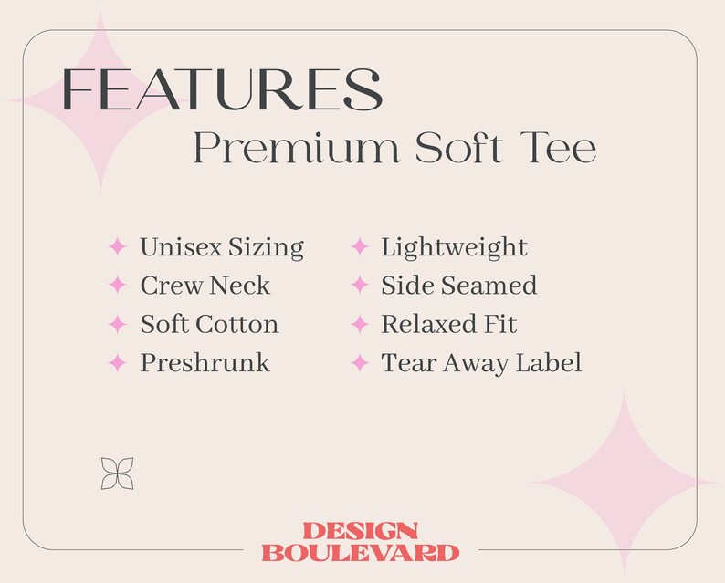 Op de afbeelding: Een lichtbeige informatieve afbeelding met donkere tekst die de kenmerken van een zacht premium T-shirt opsomt. De tekst bevat: FEATURES, Premium Soft Tee, Unisex Sizing, Crew Neck, Soft Cotton, Preshrunk, Lightweight, Side Seamed, Relaxed Fit, Tear Away Label en DESIGN BOULEVARD.