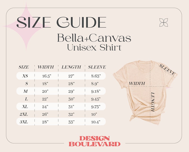May include: A beige Bella+Canvas unisex t-shirt size guide chart with a table listing widths, lengths, and sleeve measurements in inches from XS to 3XL. The graphic includes a visual diagram of a t-shirt with labels for width, length, and sleeve.