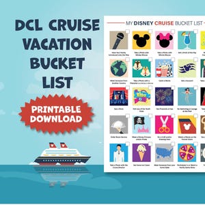 Könnte beinhalten: Eine druckbare Disney Cruise Bucket List mit einer Checkliste von Aktivitäten, die man auf einer Disney Cruise unternehmen kann. Die Liste enthält Aktivitäten wie ein Foto mit Mickey Mouse machen, einen Film schauen und in einem Restaurant mit Charakteren essen.