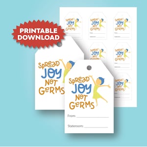 Pode incluir: Etiquetas de presente imprimíveis brancas com o texto "Spread Joy Not Germs" em azul e laranja. As etiquetas apresentam uma ilustração de desenho animado de uma pessoa com os braços levantados. As palavras "Printable Download" estão em uma estrela vermelha.