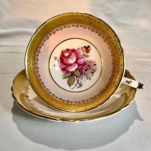 Paragon bone china tea cup and saucer, heavy gold, roses pattern A4016, made in England, vintage