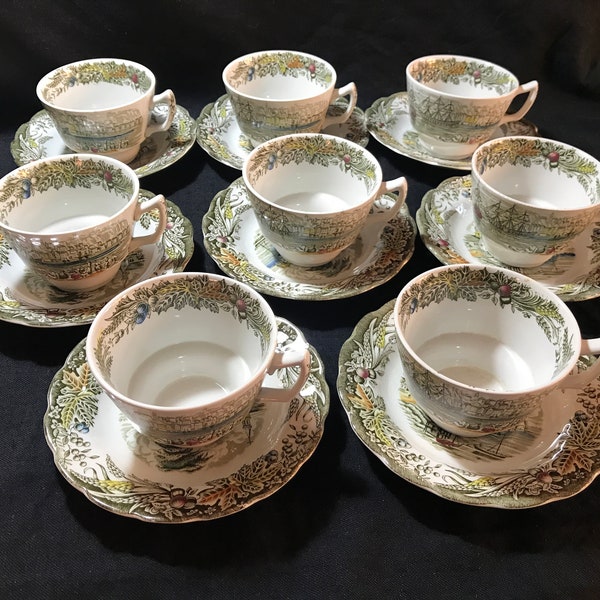 Vintage Ridgway Heritage tea cups and saucers, set of eight, green transferware Village of Cedars Bartletts Scenes of Early Canada