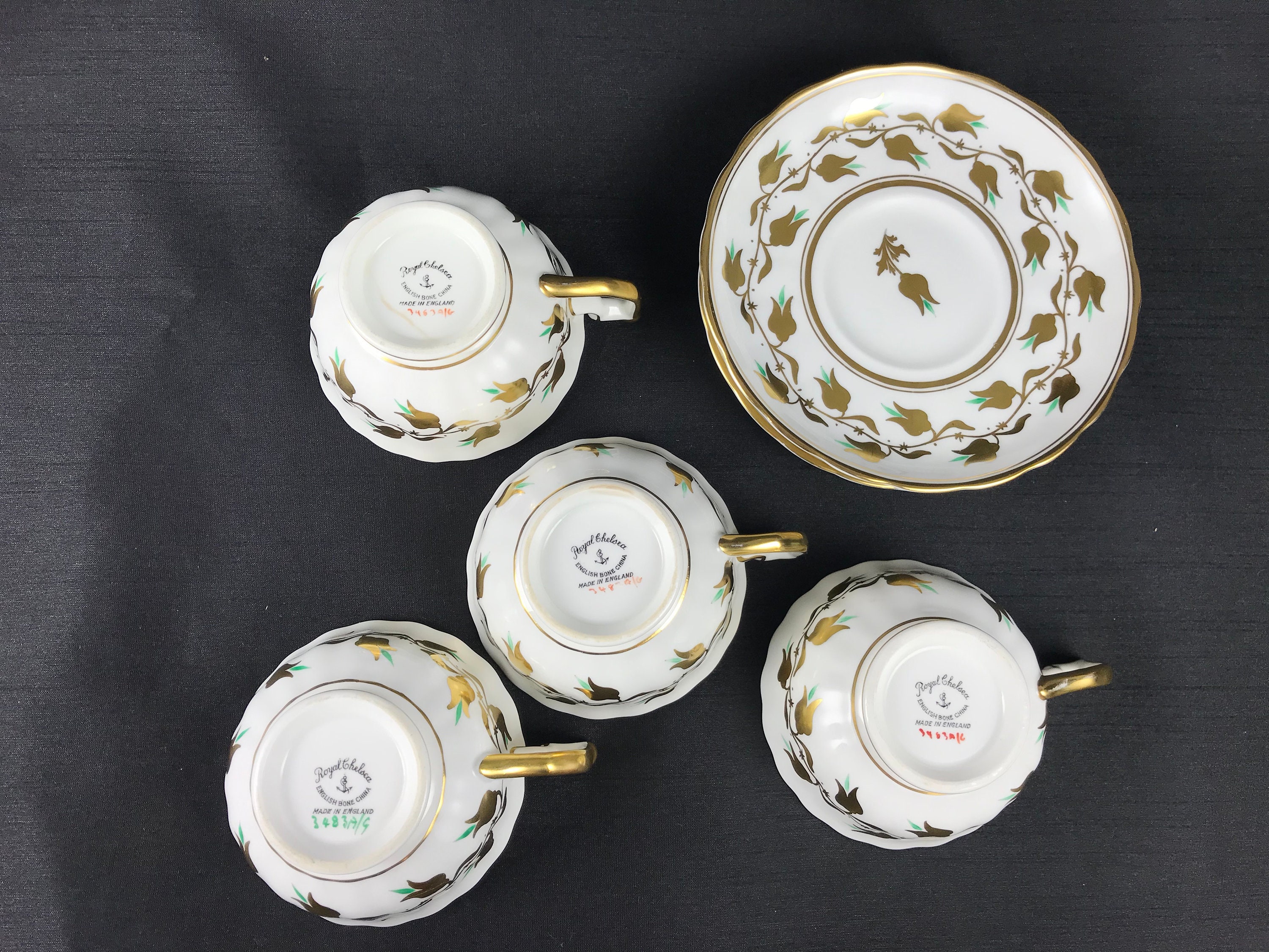 Royal Chelsea Tea Cup Set, English Bone China, Gold Flowers Vine With Green Tips Etsy