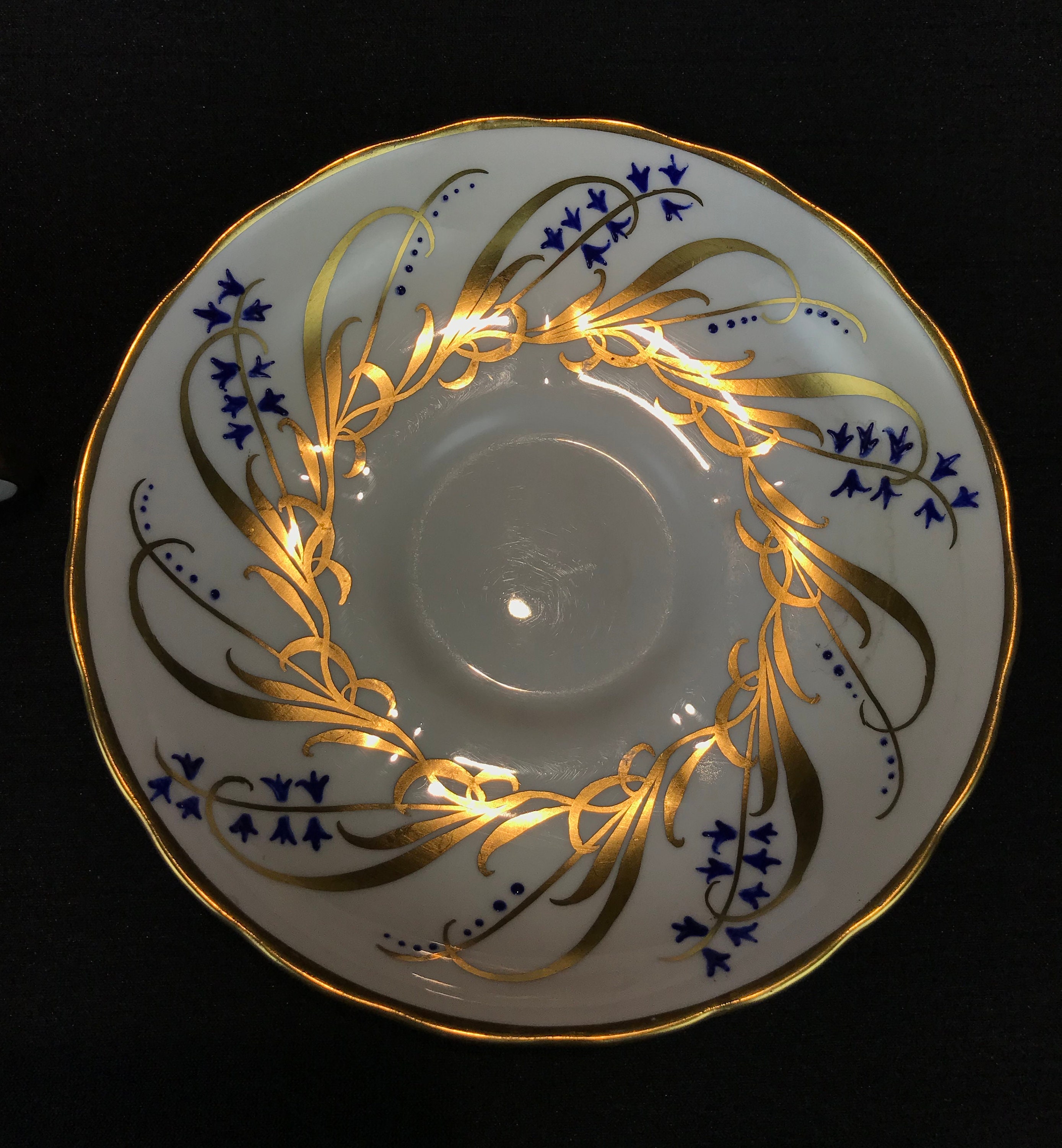 Royal Chelsea Tea Cup and Saucer - Handpainted Gold Ribbons and Blue ...