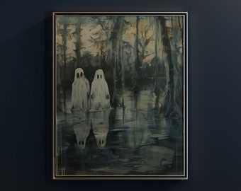 A pair of Ghost in a swamp, Ghost Painting PRINTABLE Art Print, ghost painting decore, Vintage Aesthetic, Dark Academia, Cottagecore