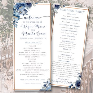 Może przedstawiać: Program ceremonii ślubnej z niebieskimi i białymi wzorami kwiatowymi. Program zawiera listę kolejności wydarzeń na ślubie Wayne'a Moore'a i Marthy Evans, który odbędzie się 28 października 2023 roku w Houston, Teksas. Program zawiera również listę członków ślubnej drużyny.