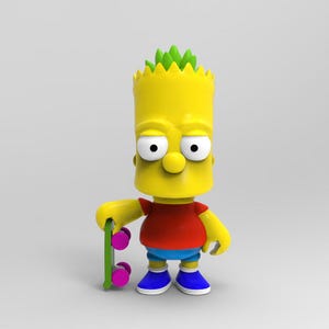May include: A yellow cartoon character with a green spiky hairdo, wearing a red shirt and blue shorts, holds a green skateboard with pink wheels.