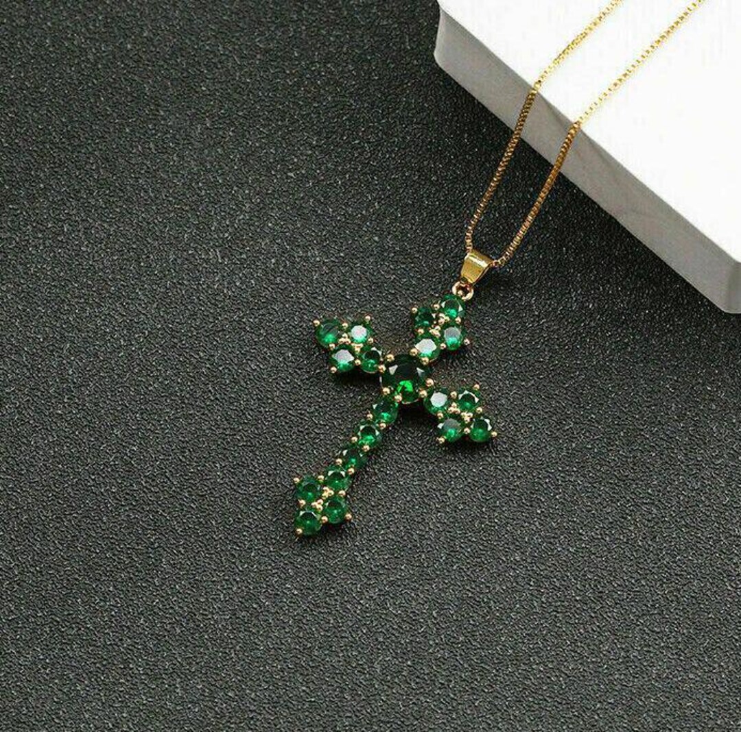 Lab Created Green Emerald and White Diamond Cross Pendant Gold Jewelry Gift for Women main image 1