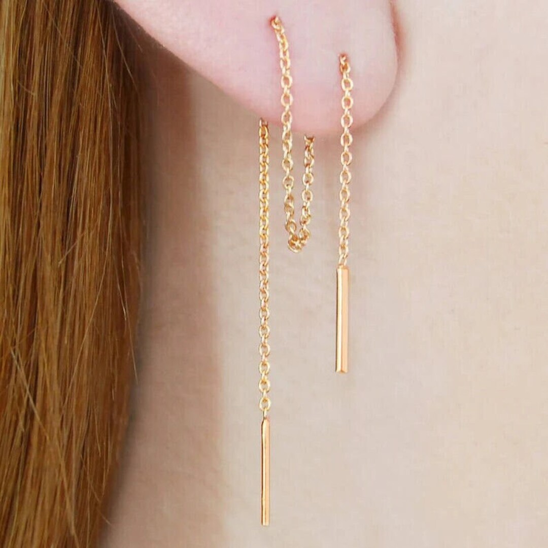 Absolutely Long Drop Chain Threader Earrings in 18K Yellow Gold Finish ...