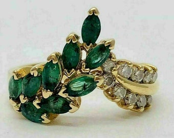 Marquise Lab Created Emerald Diamond Engagement Ring 14K Yellow Gold finish