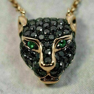 3Ct Round cut Lab Created Black Sapphire Panther Pendant with Chain 14K Yellow Gold Plated.