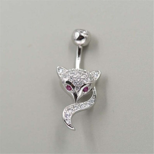 Mignon Petit Renard Nombril Barbell Rubis & Diamant Or Blanc 14K Over