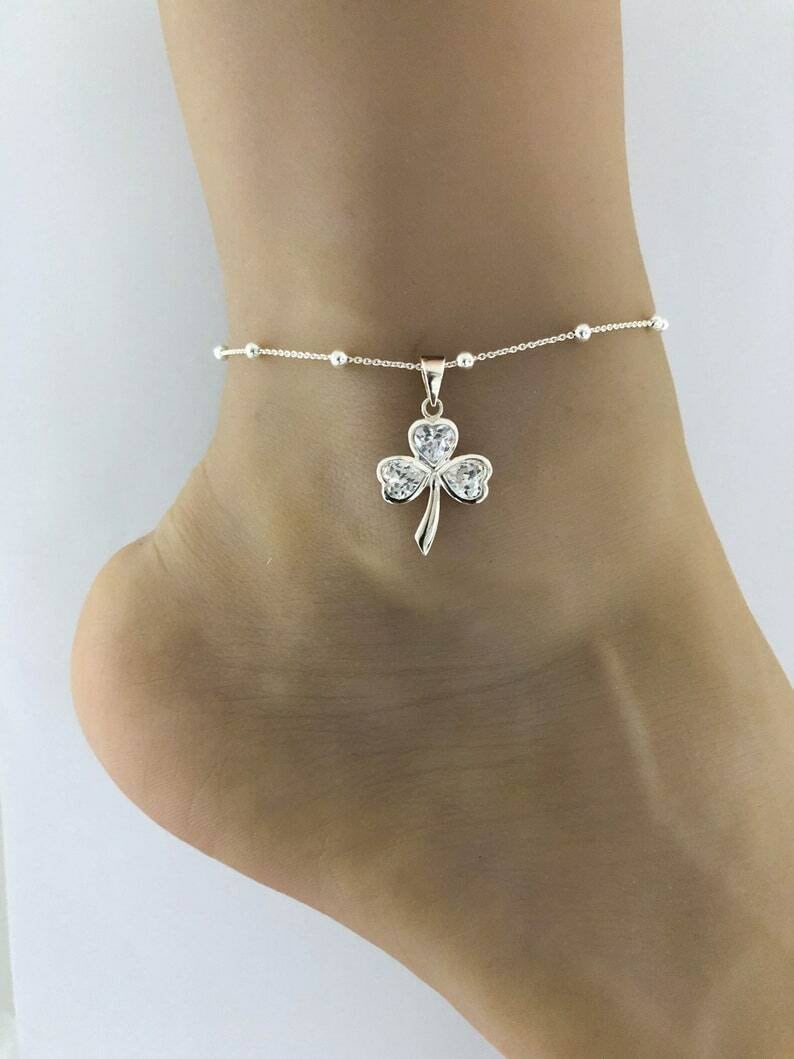 Diamond Shamrock Beaded 10" Anklet, Good Luck Charm Jewelry 14K White Gold Finish