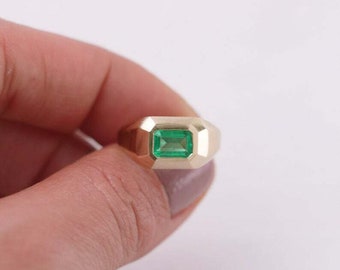 Men's Signet Ring 14K Yellow Gold Over Vintage Green Emerald Art Deco Ring Unisex