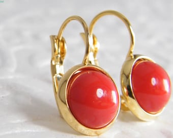 18K Yellow Gold Finish Italian Round Red Coral Closure: Lever Back Earrings
