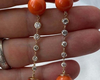Estate Coral & Diamond 4.00Ct Long Drop Dangle Earrings in 18K Yellow Gold Finish