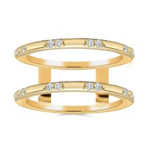 May include: A double-banded gold ring with small, sparkling diamonds set along the bands. The ring has a modern design with two parallel bands connected by a vertical gold bar.