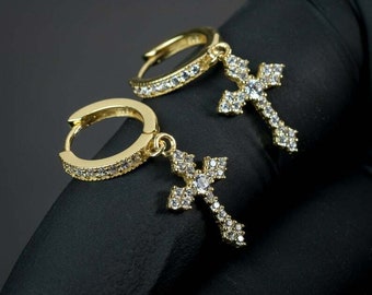 18k Yellow Gold Over Round Cut Diamond Men&#39;s Hanging Hoop Cross Dangle Earrings
