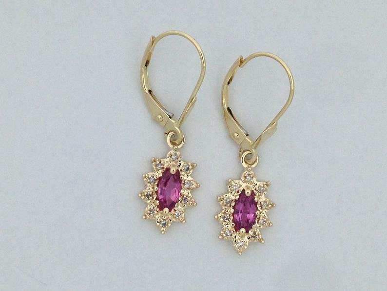 3Ct Pink Sapphire with Diamond Dangle Lever Back Earrings 10kt Yellow Gold Over