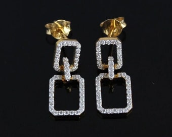 Pendientes colgantes cubanos de plata de ley 925 de 2,5 quilates con diamantes de imitación de talla redonda para mujer, acabado en oro amarillo de 14 quilates.