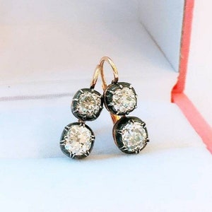 Antique Russian Old Mine Diamond Drop Dangle Earrings in 18kt Two-Tone Gold Over