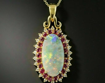 3CT Opal Ruby Diamond Pendant with 18" Chain Necklace 14k Yellow Gold Finish