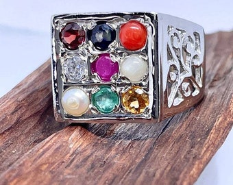 Navaratna Nine Gems Ratnas Anillo tradicional para hombre en oro blanco de 10 quilates sobre Etsy Espana
