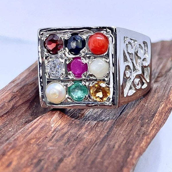 Navaratna (Nine Gems& Ratnas) Traditional Men's Ring in 10K White Gold Over