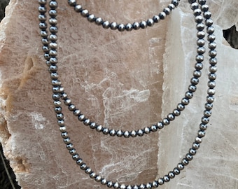 4mm .925 Sterling Silver Navajo Pearl Necklace - 15, 16, 18, 20, 22, 24, 30, 36, 40, 48, 60, 64, 72 inch