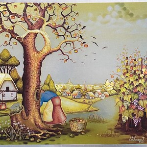 ヴィンテージ デュフェックス フォイルプリント – 秋の農場風景 – 1980年代 エンボス加工 秋のウォールアート – レトロな収穫のプリント – Affiche Automne Vintage