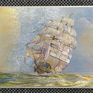 May include: A vintage print of a tall ship sailing on a wavy sea under a cloudy sky. The ship has multiple sails in shades of white, beige, and purple. The artwork has a silver border and a gold and blue background.