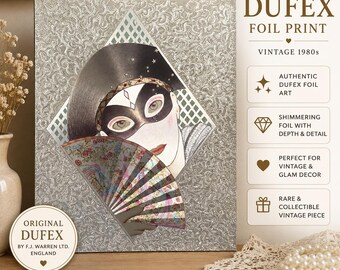 Rare Original Dufex Foil Art Print – Vintage Art Deco Masked Lady – 1980s Collectible Wall Art – Glamorous Retro Decor – Silver Foil Picture