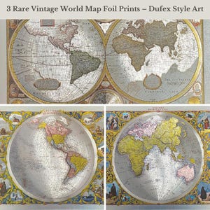 Vintage Dufex World Map Set – Foil Prints Western & Eastern Hemisphere + Old World Map – 1980s Retro Decor