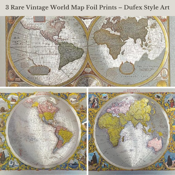 Vintage Dufex World Map Set – Foil Prints Western & Eastern