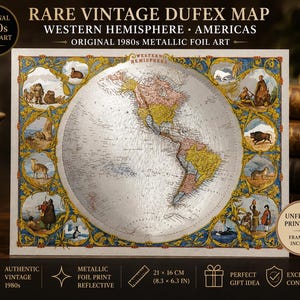 Könnte beinhalten: Seltene Vintage Dufex-Karte der westlichen Hemisphäre, Amerikas. Der originale Metallic-Folienkunstdruck aus den 1980er Jahren zeigt eine detaillierte Karte mit Illustrationen am Rand. Die Karte misst 21 x 16 cm.