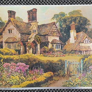 May include: A vintage postcard featuring a picturesque cottage scene. The image showcases a stone cottage with a thatched roof, surrounded by a vibrant garden filled with colorful flowers. A wooden gate leads to a pathway.
