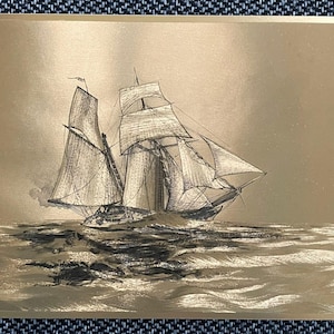 Vintage Dufex Segelschiff | Foil Art Sailing Ship Print | Gravure dorée bateau à voile – Nautische Wandkunst 1980s - Maritime Wanddeko