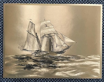 Vintage Dufex Foil Print: Old English Sailing Ship, Solid Wood